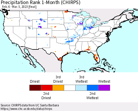 United States Precipitation Rank since 1981, 1-Month (CHIRPS) Thematic Map For 2/6/2023 - 3/5/2023