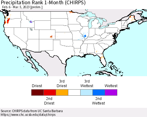 United States Precipitation Rank 1-Month (CHIRPS) Thematic Map For 2/6/2023 - 3/5/2023