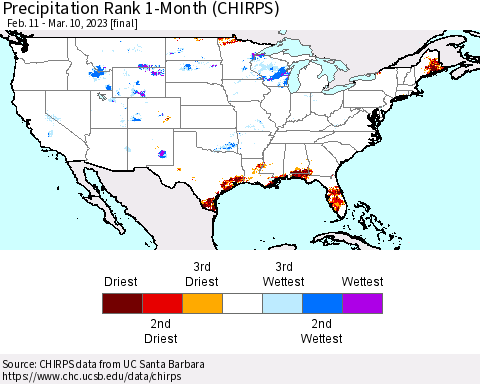 United States Precipitation Rank since 1981, 1-Month (CHIRPS) Thematic Map For 2/11/2023 - 3/10/2023