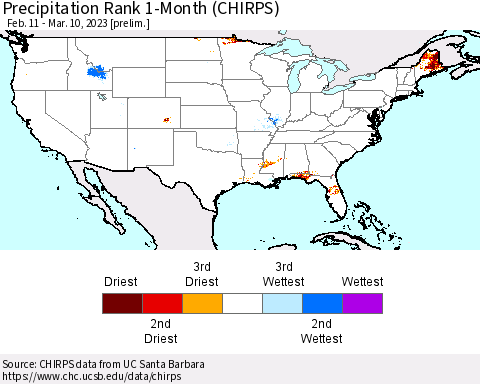 United States Precipitation Rank 1-Month (CHIRPS) Thematic Map For 2/11/2023 - 3/10/2023