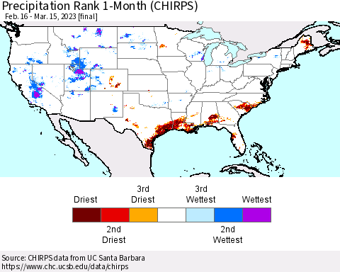 United States Precipitation Rank since 1981, 1-Month (CHIRPS) Thematic Map For 2/16/2023 - 3/15/2023