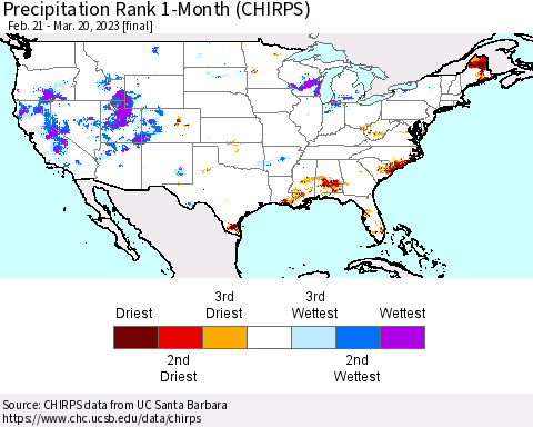 United States Precipitation Rank since 1981, 1-Month (CHIRPS) Thematic Map For 2/21/2023 - 3/20/2023
