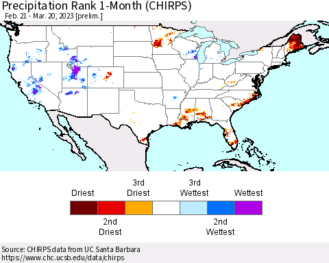 United States Precipitation Rank 1-Month (CHIRPS) Thematic Map For 2/21/2023 - 3/20/2023