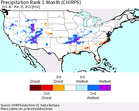 United States Precipitation Rank since 1981, 1-Month (CHIRPS) Thematic Map For 2/26/2023 - 3/25/2023