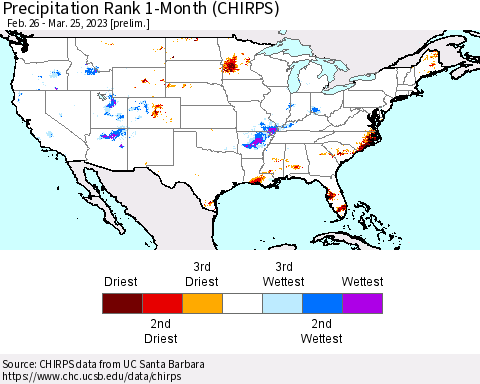 United States Precipitation Rank 1-Month (CHIRPS) Thematic Map For 2/26/2023 - 3/25/2023