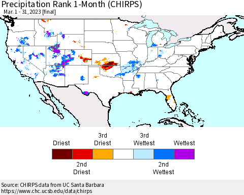 United States Precipitation Rank since 1981, 1-Month (CHIRPS) Thematic Map For 3/1/2023 - 3/31/2023