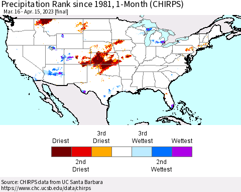 United States Precipitation Rank since 1981, 1-Month (CHIRPS) Thematic Map For 3/16/2023 - 4/15/2023
