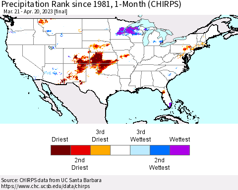 United States Precipitation Rank since 1981, 1-Month (CHIRPS) Thematic Map For 3/21/2023 - 4/20/2023