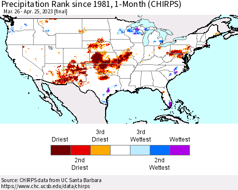 United States Precipitation Rank since 1981, 1-Month (CHIRPS) Thematic Map For 3/26/2023 - 4/25/2023