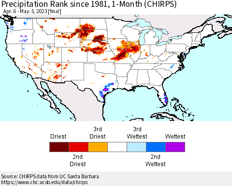 United States Precipitation Rank since 1981, 1-Month (CHIRPS) Thematic Map For 4/6/2023 - 5/5/2023
