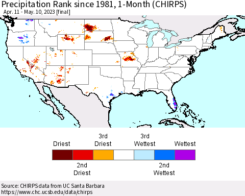 United States Precipitation Rank since 1981, 1-Month (CHIRPS) Thematic Map For 4/11/2023 - 5/10/2023