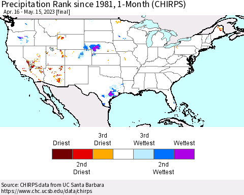 United States Precipitation Rank since 1981, 1-Month (CHIRPS) Thematic Map For 4/16/2023 - 5/15/2023