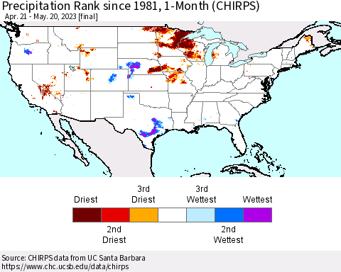 United States Precipitation Rank since 1981, 1-Month (CHIRPS) Thematic Map For 4/21/2023 - 5/20/2023