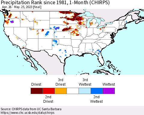 United States Precipitation Rank since 1981, 1-Month (CHIRPS) Thematic Map For 4/26/2023 - 5/25/2023