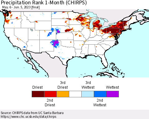 United States Precipitation Rank since 1981, 1-Month (CHIRPS) Thematic Map For 5/6/2023 - 6/5/2023