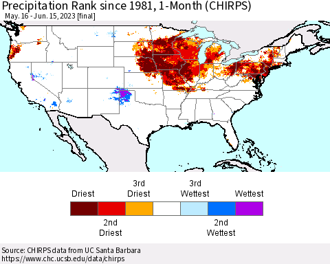 United States Precipitation Rank since 1981, 1-Month (CHIRPS) Thematic Map For 5/16/2023 - 6/15/2023