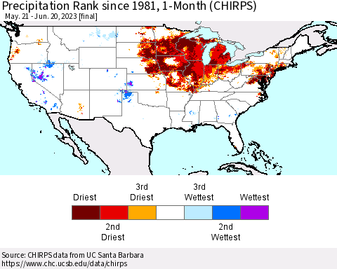 United States Precipitation Rank since 1981, 1-Month (CHIRPS) Thematic Map For 5/21/2023 - 6/20/2023