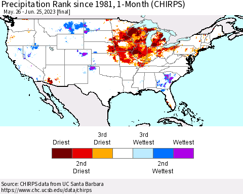 United States Precipitation Rank since 1981, 1-Month (CHIRPS) Thematic Map For 5/26/2023 - 6/25/2023