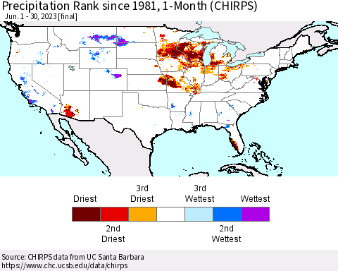 United States Precipitation Rank since 1981, 1-Month (CHIRPS) Thematic Map For 6/1/2023 - 6/30/2023