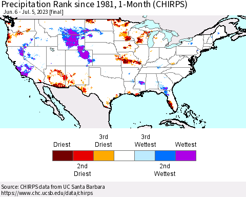 United States Precipitation Rank since 1981, 1-Month (CHIRPS) Thematic Map For 6/6/2023 - 7/5/2023
