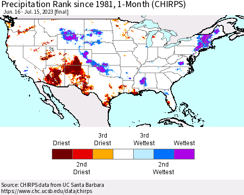 United States Precipitation Rank since 1981, 1-Month (CHIRPS) Thematic Map For 6/16/2023 - 7/15/2023