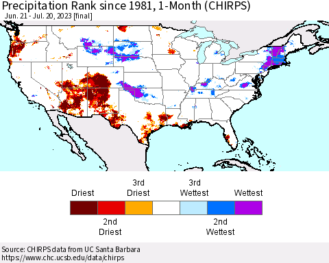 United States Precipitation Rank since 1981, 1-Month (CHIRPS) Thematic Map For 6/21/2023 - 7/20/2023