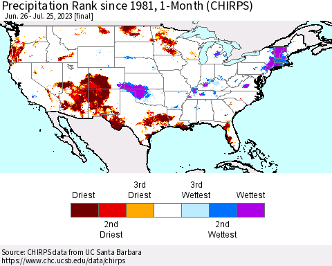 United States Precipitation Rank since 1981, 1-Month (CHIRPS) Thematic Map For 6/26/2023 - 7/25/2023