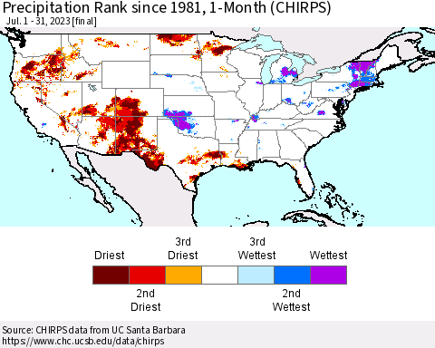 United States Precipitation Rank since 1981, 1-Month (CHIRPS) Thematic Map For 7/1/2023 - 7/31/2023