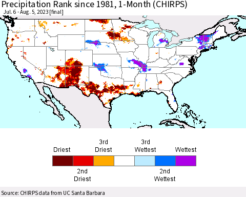 United States Precipitation Rank since 1981, 1-Month (CHIRPS) Thematic Map For 7/6/2023 - 8/5/2023