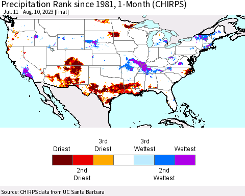 United States Precipitation Rank since 1981, 1-Month (CHIRPS) Thematic Map For 7/11/2023 - 8/10/2023