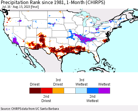 United States Precipitation Rank since 1981, 1-Month (CHIRPS) Thematic Map For 7/16/2023 - 8/15/2023