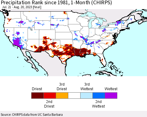 United States Precipitation Rank since 1981, 1-Month (CHIRPS) Thematic Map For 7/21/2023 - 8/20/2023