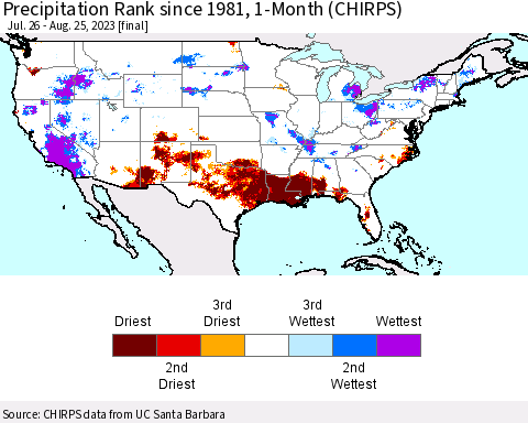 United States Precipitation Rank since 1981, 1-Month (CHIRPS) Thematic Map For 7/26/2023 - 8/25/2023