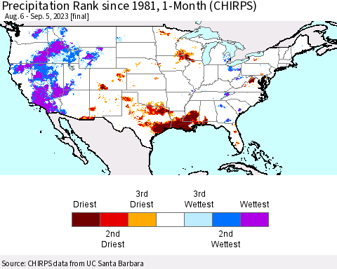United States Precipitation Rank since 1981, 1-Month (CHIRPS) Thematic Map For 8/6/2023 - 9/5/2023