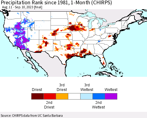 United States Precipitation Rank since 1981, 1-Month (CHIRPS) Thematic Map For 8/11/2023 - 9/10/2023