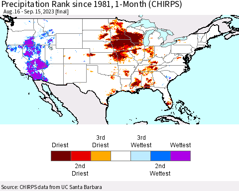 United States Precipitation Rank since 1981, 1-Month (CHIRPS) Thematic Map For 8/16/2023 - 9/15/2023