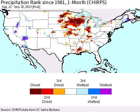 United States Precipitation Rank since 1981, 1-Month (CHIRPS) Thematic Map For 8/21/2023 - 9/20/2023