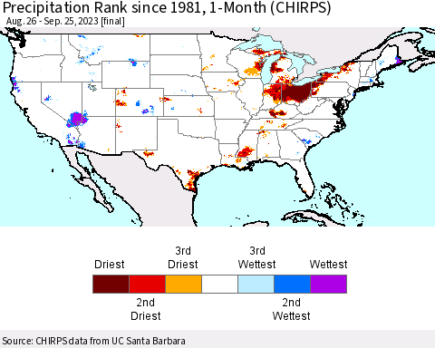 United States Precipitation Rank since 1981, 1-Month (CHIRPS) Thematic Map For 8/26/2023 - 9/25/2023