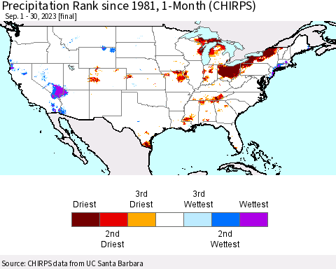 United States Precipitation Rank since 1981, 1-Month (CHIRPS) Thematic Map For 9/1/2023 - 9/30/2023