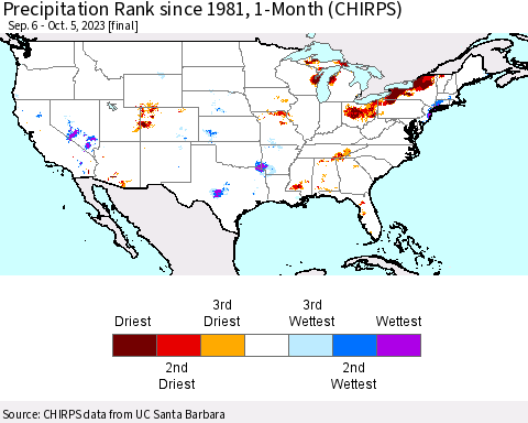 United States Precipitation Rank since 1981, 1-Month (CHIRPS) Thematic Map For 9/6/2023 - 10/5/2023
