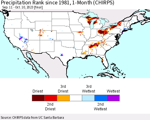 United States Precipitation Rank since 1981, 1-Month (CHIRPS) Thematic Map For 9/11/2023 - 10/10/2023