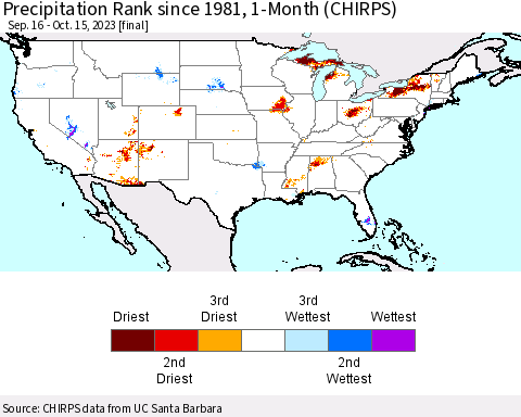United States Precipitation Rank since 1981, 1-Month (CHIRPS) Thematic Map For 9/16/2023 - 10/15/2023