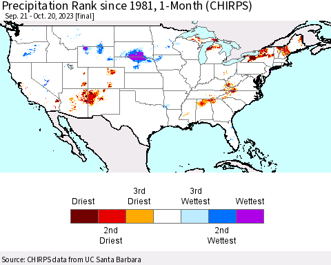 United States Precipitation Rank since 1981, 1-Month (CHIRPS) Thematic Map For 9/21/2023 - 10/20/2023