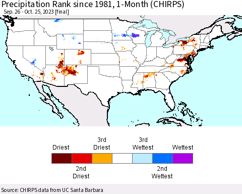 United States Precipitation Rank since 1981, 1-Month (CHIRPS) Thematic Map For 9/26/2023 - 10/25/2023