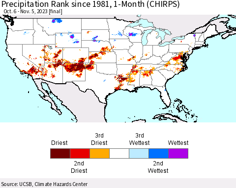 United States Precipitation Rank since 1981, 1-Month (CHIRPS) Thematic Map For 10/6/2023 - 11/5/2023