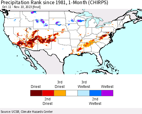 United States Precipitation Rank since 1981, 1-Month (CHIRPS) Thematic Map For 10/11/2023 - 11/10/2023