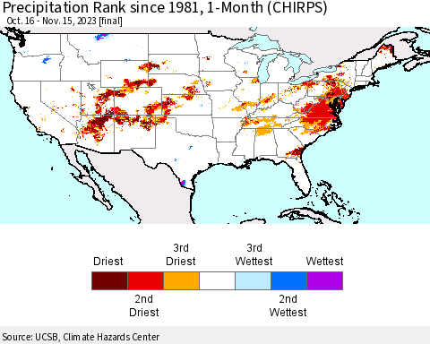 United States Precipitation Rank since 1981, 1-Month (CHIRPS) Thematic Map For 10/16/2023 - 11/15/2023