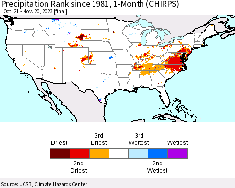 United States Precipitation Rank since 1981, 1-Month (CHIRPS) Thematic Map For 10/21/2023 - 11/20/2023