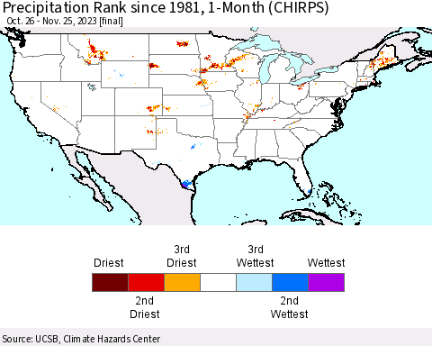 United States Precipitation Rank since 1981, 1-Month (CHIRPS) Thematic Map For 10/26/2023 - 11/25/2023