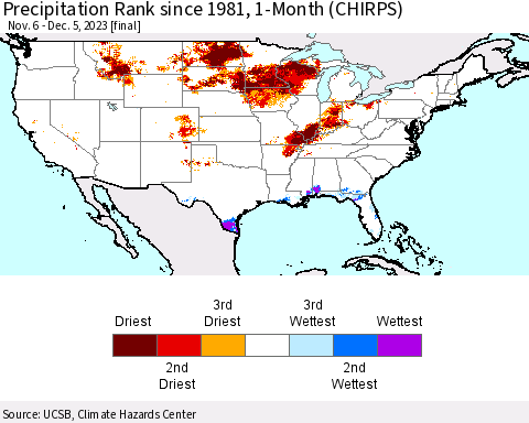 United States Precipitation Rank since 1981, 1-Month (CHIRPS) Thematic Map For 11/6/2023 - 12/5/2023